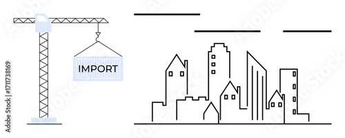 Crane lifting an import container by urban city skyline. Ideal for trade, logistics, city development, infrastructure, construction, supply chain, globalization. Simple flat metaphor