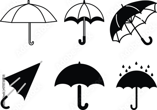 Vector umbrella vector icon set illustration, rain protection, weather forecast, monsoon season, open umbrella clipart.Striped beach umbrella icon black and white simple design.Beach umbrella