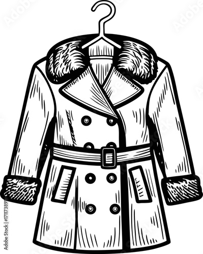 Winter trench coat with fur collar and cuffs, belted waist, double breasted buttons, elegant outerwear hanging on hanger