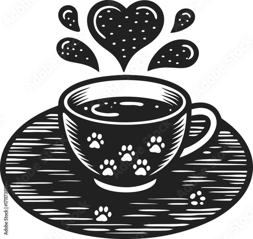 Cup of hot drink with paw print designs, heart steam, saucer cozy, animal lover, pet friendly beverage concept