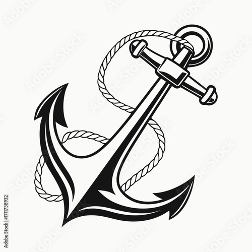 Illustration of a black and white anchor with a rope, , nautical element for marine design, tattoo or print, sea symbol