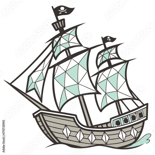 Illustration of a pirate ship with sails, masts, and a skull and crossbones flag, this whimsical design captures the essence of adventure