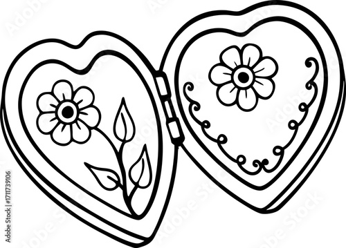 Heart shaped locket with floral decorations, open to reveal intricate blossom and leaf designs, love and keepsake symbol