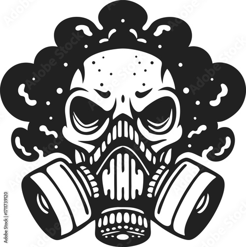 Afro hairstyle skeleton wearing protective gas mask, dark monochrome illustration, toxic danger, grunge