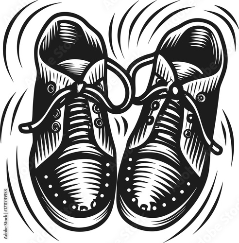 Pair of classic dancing shoes in motion, vintage engraved elegant footwear, energetic movement, retro performance art
