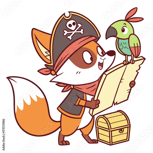 Vector art of a cartoon fox pirate with a parrot companion is joyfully reading a treasure map next to a treasure chest, ready for an adventure