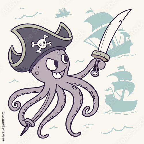 Vector art of a cartoon octopus pirate with a sword and pirate hat stands on the ocean with pirate ships in the background