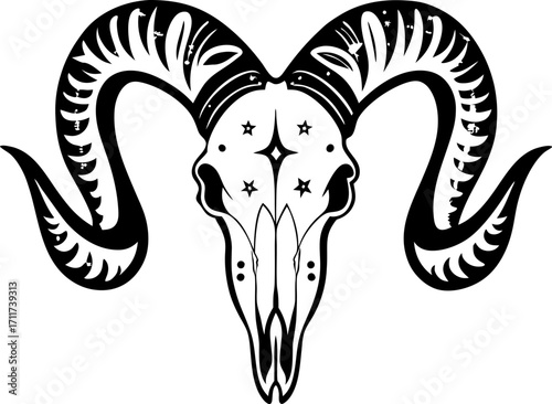 Ornate ram skull with curved spiral horns decorative black and white illustration, tribal style, mystical animal, occult art