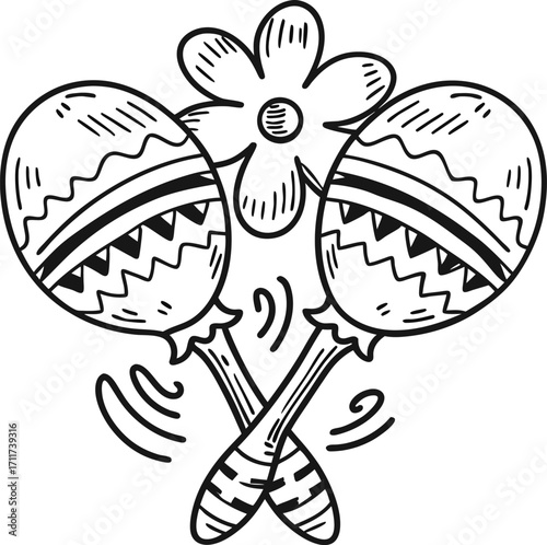 Maracas illustration, flower background hand drawn percussion instrument for music, culture, celebration, and festival decor