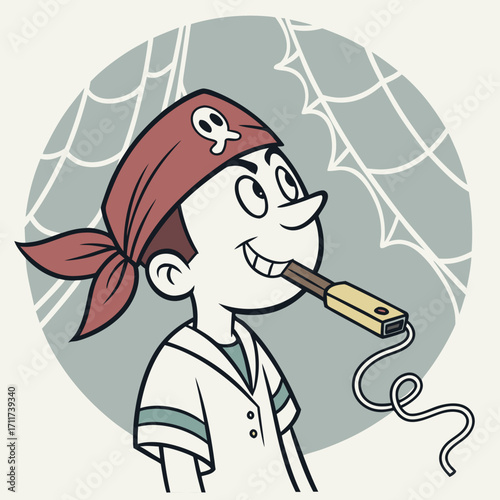 Vector art of a cartoon pirate boy with a usb drive in his mouth, set against a spiderweb background, symbolizing digital piracy and cybersecurity risks