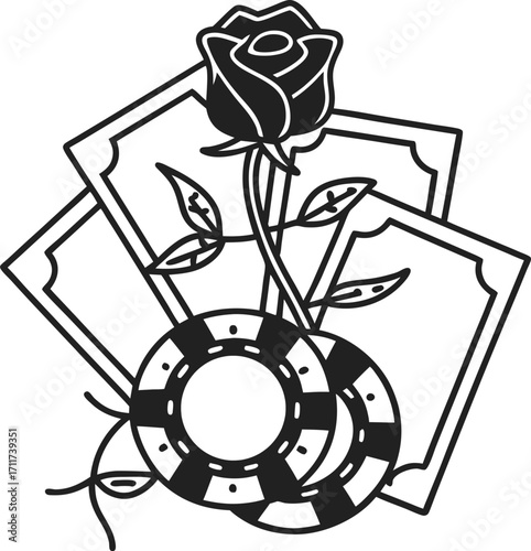 Elegant black rose with playing cards and poker chips, monochrome floral casino art, gambling and luck concept illustration