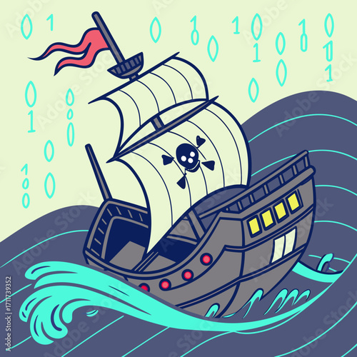 Vector art of a cartoon pirate ship sailing on the ocean with binary code in the background, digital piracy concept