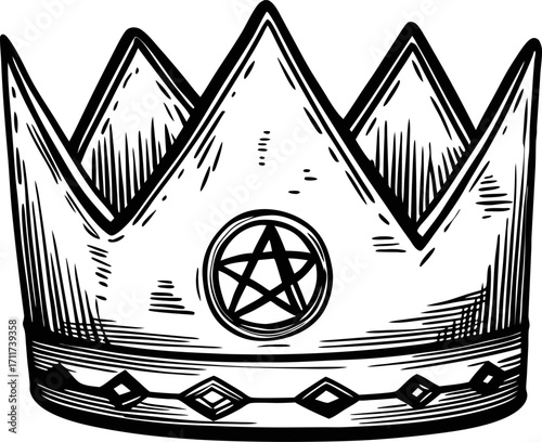 Royal crown illustration with pentagram symbol, vintage hand drawn monochrome decorative king queen headpiece