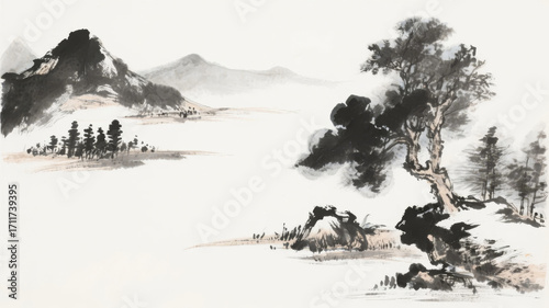 Traditional ink wash landscape painting featuring misty mountains, trees, and a serene water body