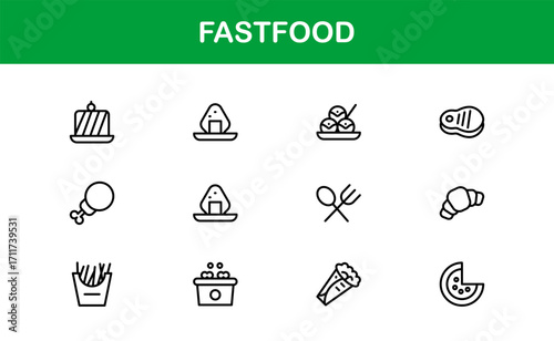 Fastfood Line Icon Set – Professional Minimal Vector Icons for Burgers, Pizza, Fries, and More in a Clean Outline Style