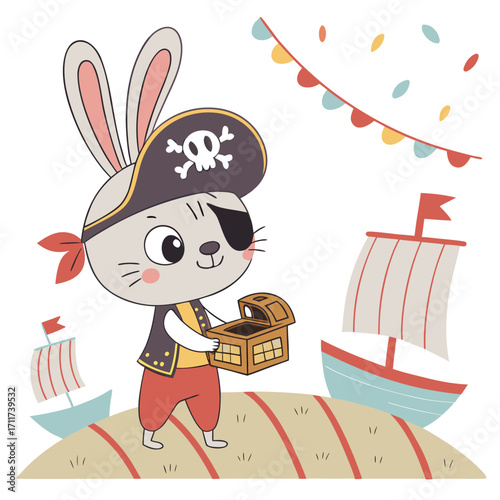 Vector art of a cute bunny pirate with eye patch holding a treasure chest on a sandy beach with ships and colorful flags