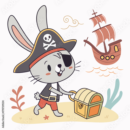 Vector art of a cute cartoon bunny dressed as a pirate, pulling a treasure chest on a tropical island a whimsical illustration for children