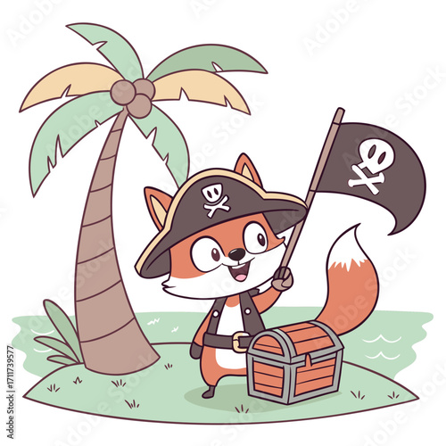 Vector art of a cute fox pirate with an eye patch and a pirate hat standing on an island with a treasure chest and a pirate flag vector illustration
