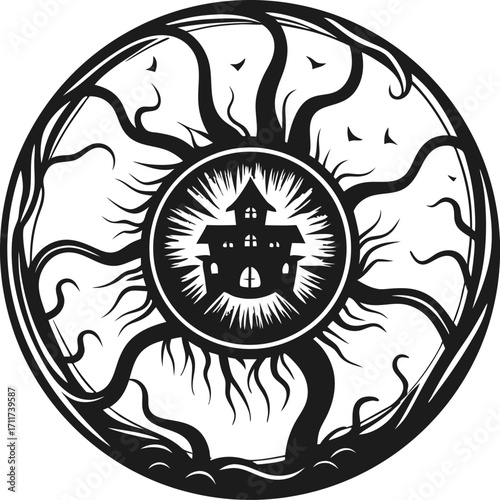 Haunted house silhouette inside eerie circular tree frame gothic mystical structure with radiating branches, fantasy darkness concept