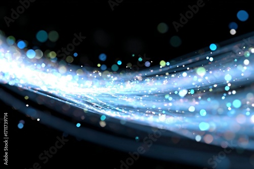 Dynamic flow of blue light waves and sparkling particles on a dark background. Abstract concept of energy and motion. generated by AI