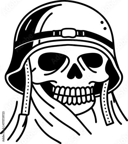 Skull wearing military helmet with scarf, black and white illustration fear, war, rebellion, danger, intimidation theme