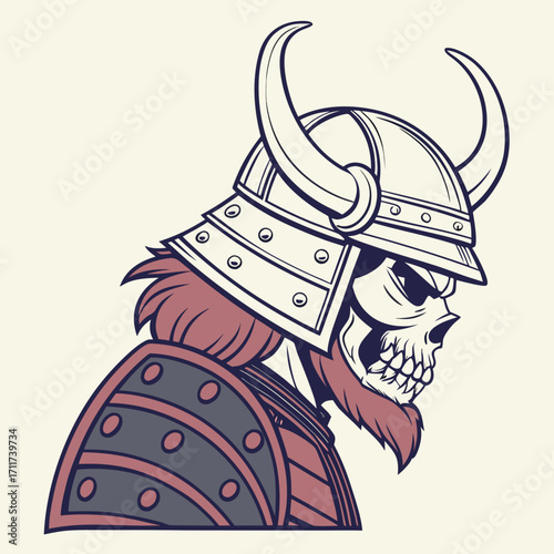 Vector art of a formidable skull viking warrior with horned helmet and beard, embodying strength and ancient mystique, a symbol of bravery and history