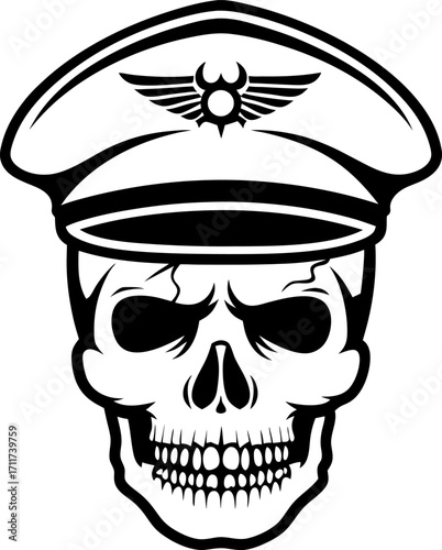 Skull wearing military officer cap, aggressive expression black and white illustration, gothic tattoo style, sinister symbol