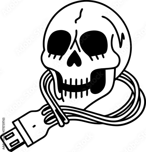 Human skull with usb cable, digital danger concept technology threat, cyber security risk, data privacy warning, malware icon