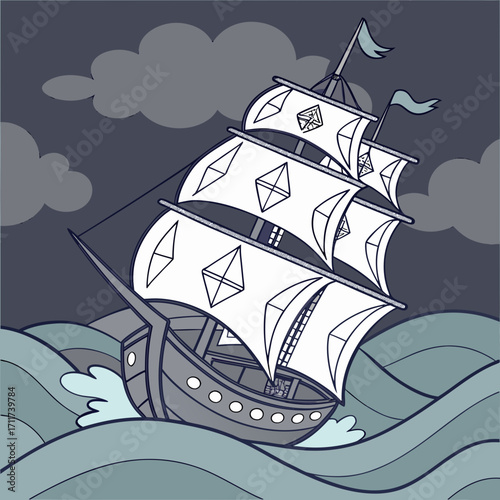 Vector art of a monochrome pirate ship sailing through a stormy sea, with intricate sail designs, a dramatic nautical illustration