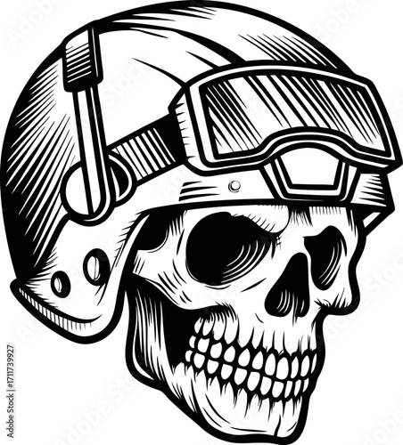 Military skull illustration with tactical helmet and goggles grunge black and white  art for edgy designs