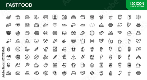 Fastfood Line Icon Set – Professional Minimal Vector Icons for Burgers, Pizza, Fries, and More in a Clean Outline Style