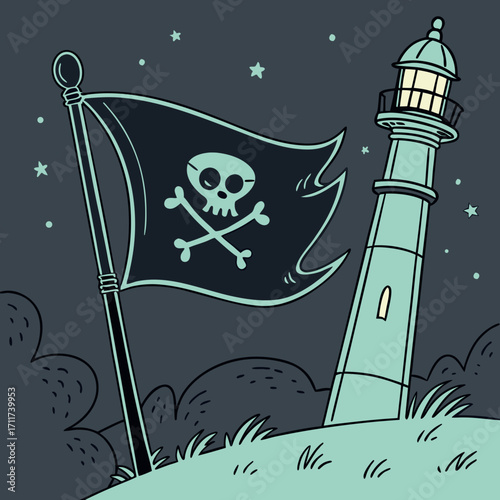 Vector art of a pirate flag with a skull and crossbones waving near a lighthouse under a starry night sky, creating a nautical and adventurous scene with a touch of mystery