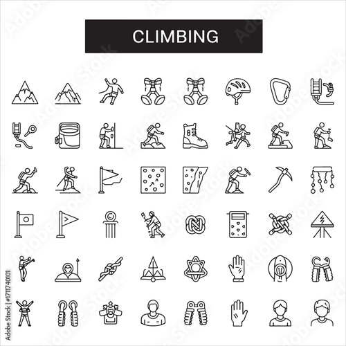 Set of climbing vector icons in clean line art style featuring ropes, carabiners, harnesses, mountains, climbers, and more. Editable stroke.