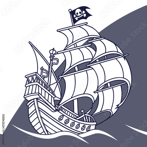 Vector art of a striking black and white illustration of a pirate ship sailing on the high seas, complete with billowing sails and a skull and crossbones flag