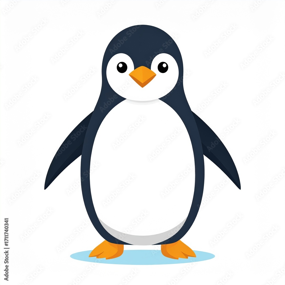Fototapeta premium Cute cartoon penguin standing on ice adorable arctic bird character illustration.