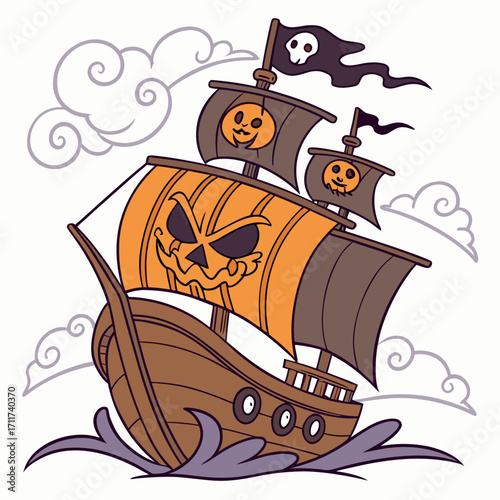 Vector art of a whimsical halloween pirate ship with pumpkin sails and a skull flag sailing on stylized waves, , perfect for spooky adventures