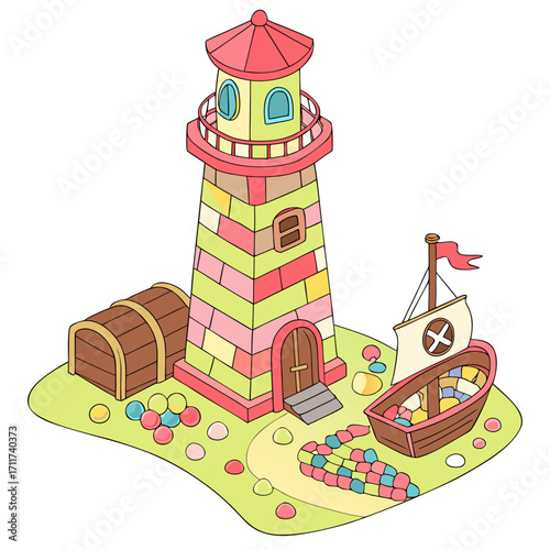 Vector art of a whimsical lighthouse scene with a treasure chest and a boat filled with candy