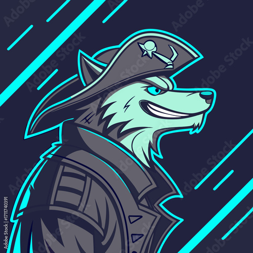 Vector art of a wolf pirate with a menacing grin and a stylish coat, radiating a blend of cunning and sophistication in a captivating, edgy character design