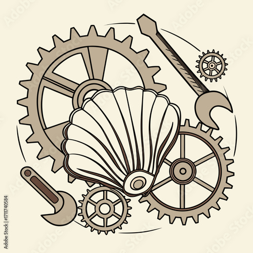 Vector art of steampunk seashell with gears and wrenches, a fusion of marine beauty and mechanical ingenuity, creating a unique and captivating design