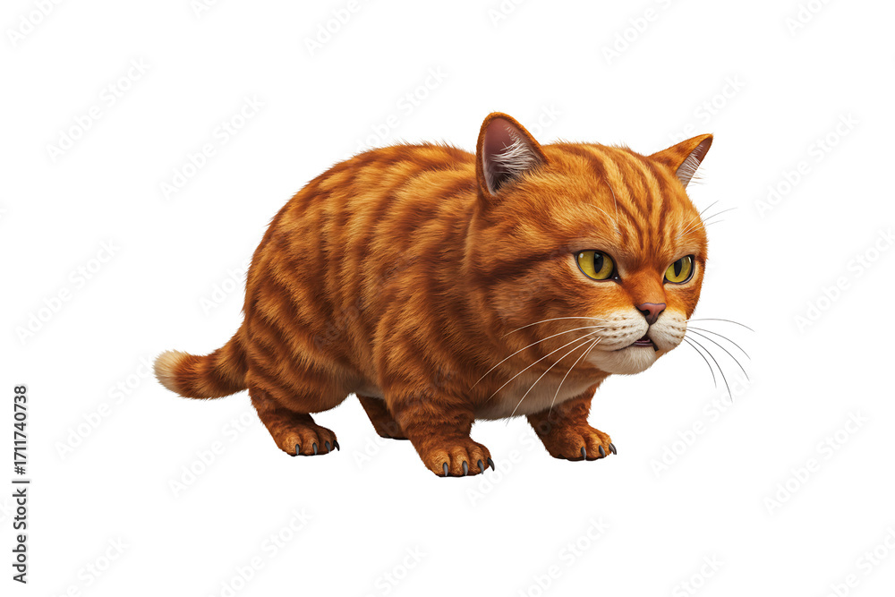 Fototapeta premium Orange tabby cat standing in side view with stripes, isolated on white background for pet, domestic animal, and wildlife design elements.