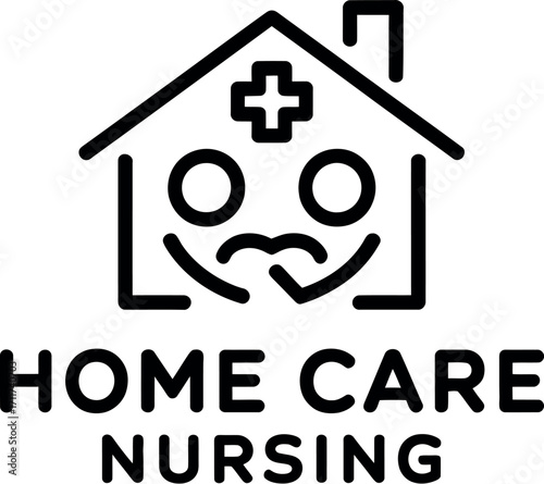 Friendly house icon with caring face and medical cross, representing home healthcare and nursing services.