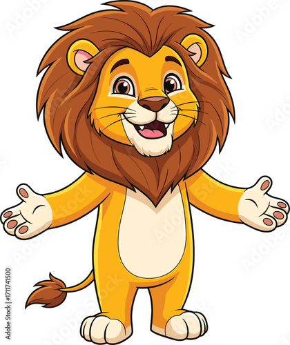 Cute cartoon lion standing with open arms, happy friendly animal character, playful wildlife illustration, smiling lion mascot, bright yellow mane, vector art design, animal joy