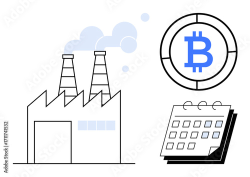 Industrial factory emitting smoke, Bitcoin in a circular frame, and a calendar suggesting efficiency, scheduling, and blockchain mining cycles. Ideal for industry, cryptocurrency, finance