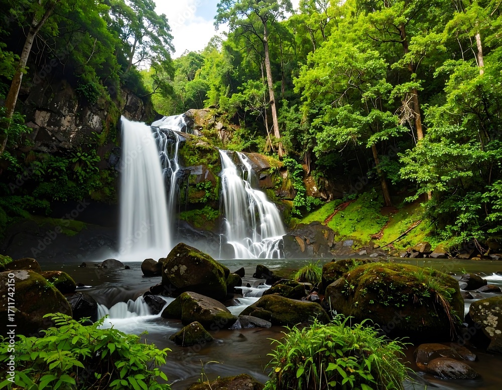 Naklejka premium Lush waterfall cascading through rocks