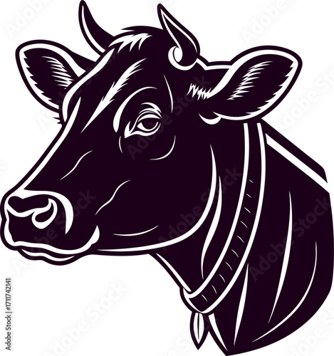 Solid black front view cow head silhouette graphic for banners advertisements and agricultural branding applications