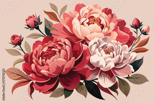 Red and pink peonies with green and brown leaves peony