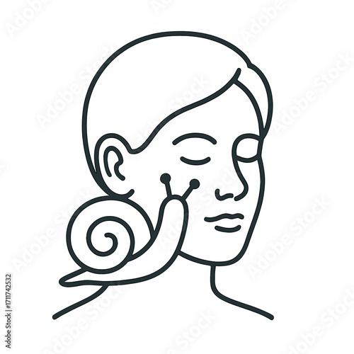 Line art illustration of snail therapy treatment for woman face care and rejuvenation