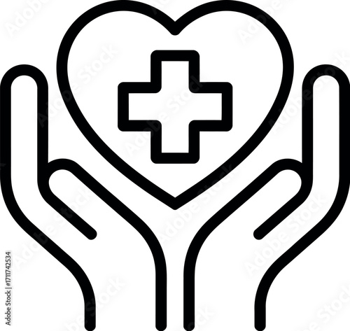 Caring hands gently protect a heart with a medical cross, symbolizing health and compassion.
