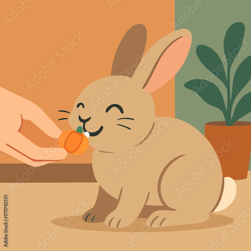 A delightful illustration captures a fluffy brown rabbit joyfully nibbling a small orange treat offered by a caring hand, perfect for autumn festivities.