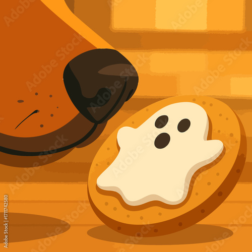 A curious dog's wet nose gently sniffs a delicious, freshly baked Halloween ghost cookie, resting on a warm wooden surface.